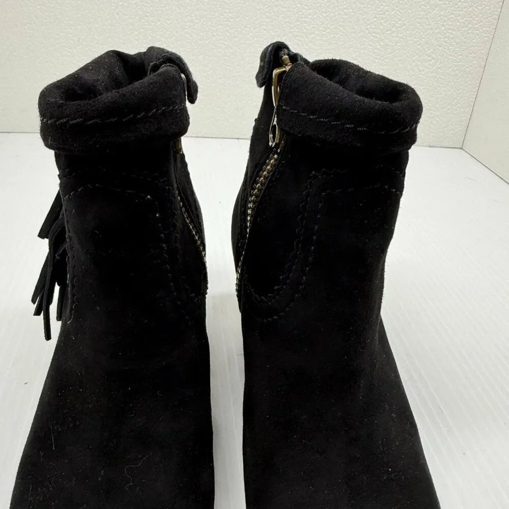 Sam Edelman Louie Black Suede Fringe Ankle Booties Block Heel Womens 6M